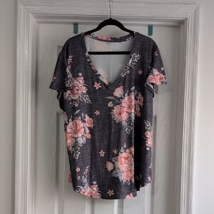 Amazon Floral V-Neck Top - Pink and Gray